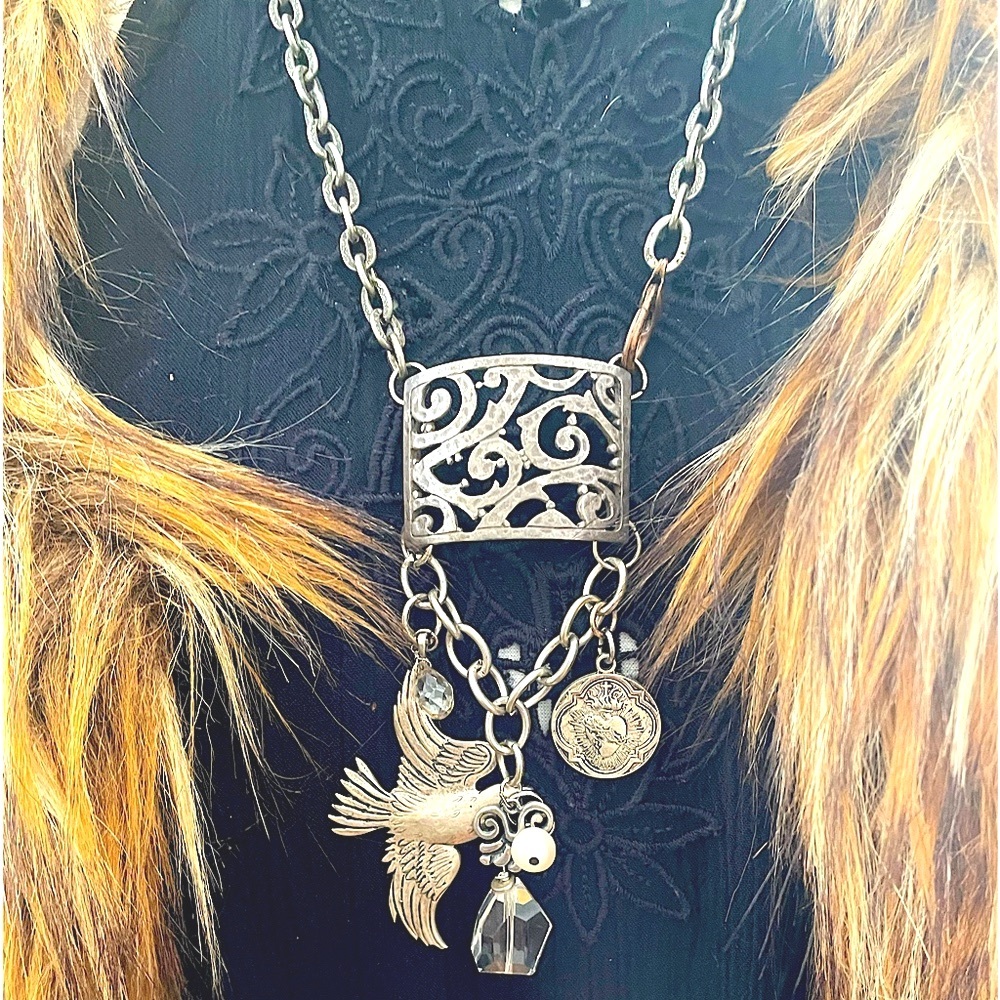 OOAK ART Mix Metals Sterling Vintage UpCycled Sparrow Crystal Charm Necklace